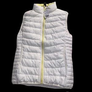 Forever 21 white & neon yellow puffer vest